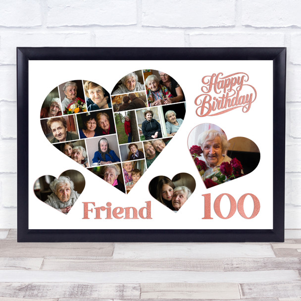 Photo Collage 100th Birthday Gift For Friend 20-Photo Hearts Print Or Canvas