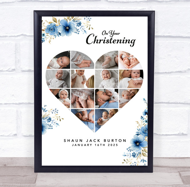Photo Collage Christening Gift For Boys 14-Photo Blue Floral Print Or Canvas