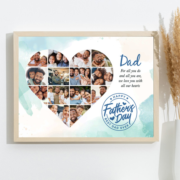 Photo Collage Gift For Dad Father's Day 14-Photo Heart Blue Print Or Canvas Photo Collage Gift For Dad Father's Day 14-Photo Heart Blue Print Or Canvas