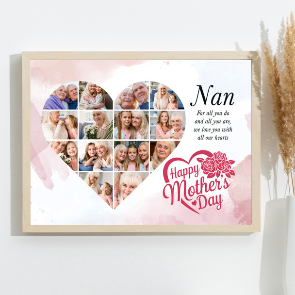 Photo Collage Gift For Nan Mother's Day 14-Photo Heart Pink Print Or Canvas