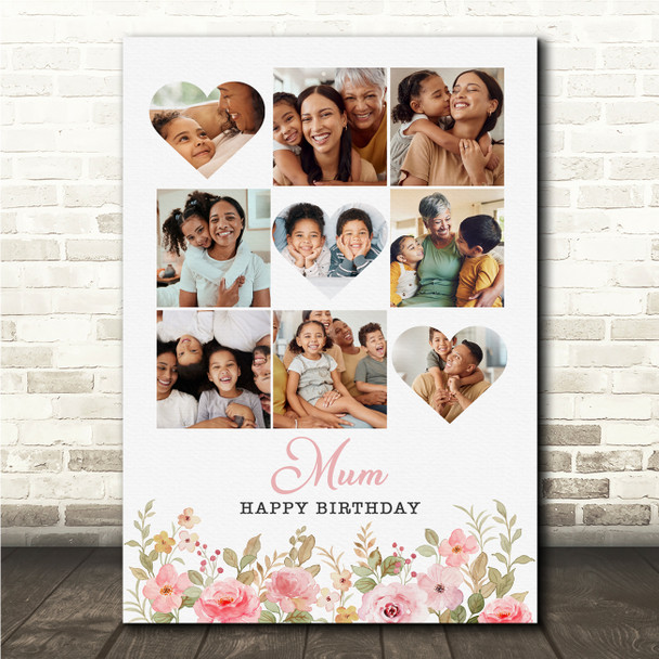 Photo Collage Mother's Day Gift For Mum 9-Photo Pink Floral Print Or Canvas