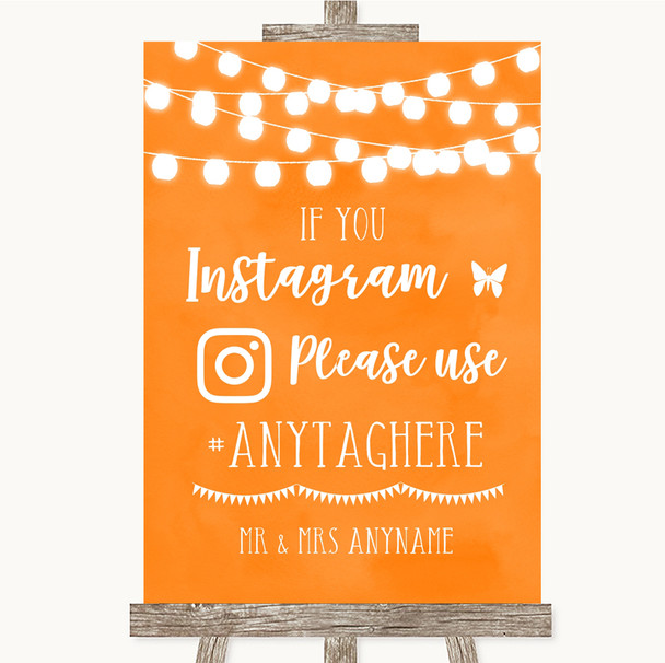 Orange Watercolour Lights Instagram Hashtag Personalised Wedding Sign