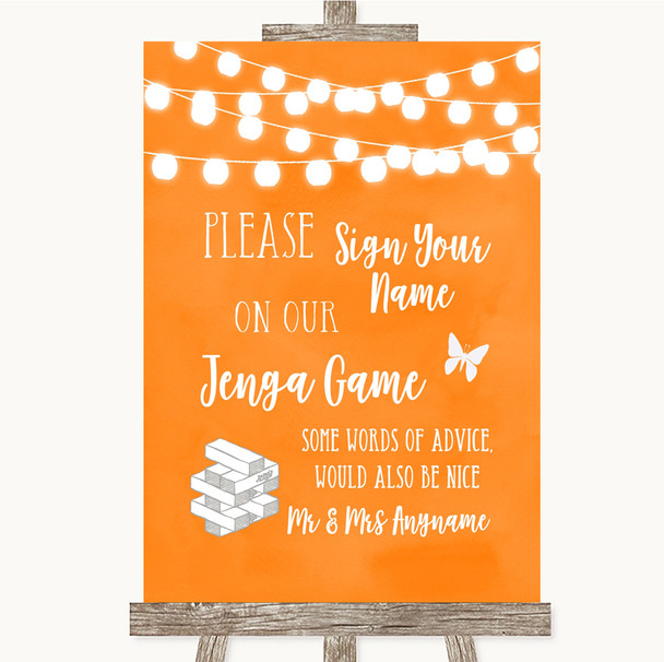 Orange Watercolour Lights Jenga Guest Book Personalised Wedding Sign