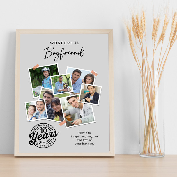 Photo Collage 40th Birthday Gift For Boyfriend 7-Photo Grey Print Or Canvas