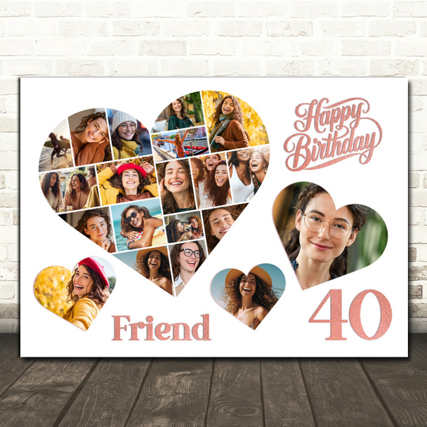 Photo Collage 40th Birthday Gift For Friend 20-Photo Hearts Print Or Canvas
