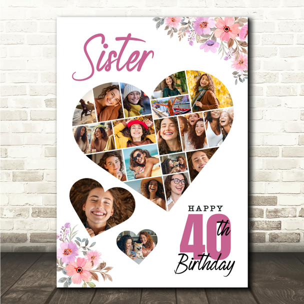 Photo Collage 40th Birthday Gift For Sister 19-Photo Floral Print Or Canvas