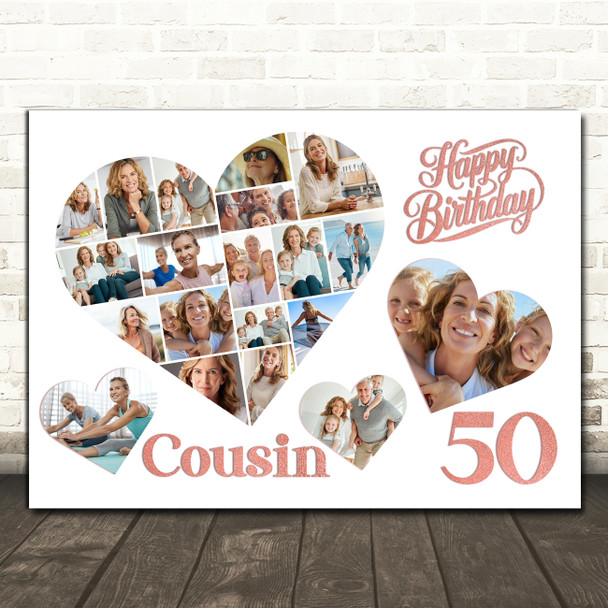 Photo Collage 50th Birthday Gift For Cousin 20-Photo Hearts Print Or Canvas