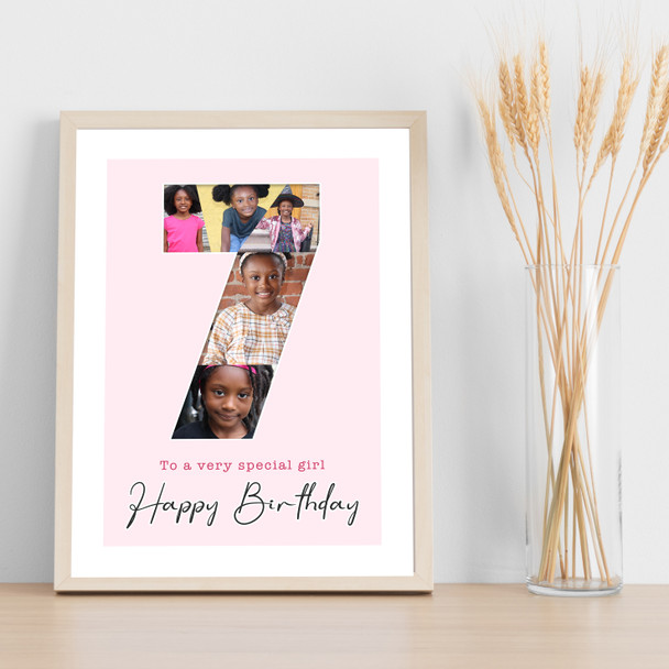 Photo Collage 5-Photo 7th Birthday Gift For Girls Kids Pink Print Or Canvas