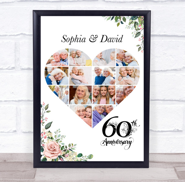 Photo Collage 60th Wedding Anniversary Gift 14-Photo Pink Floral Print Or Canvas