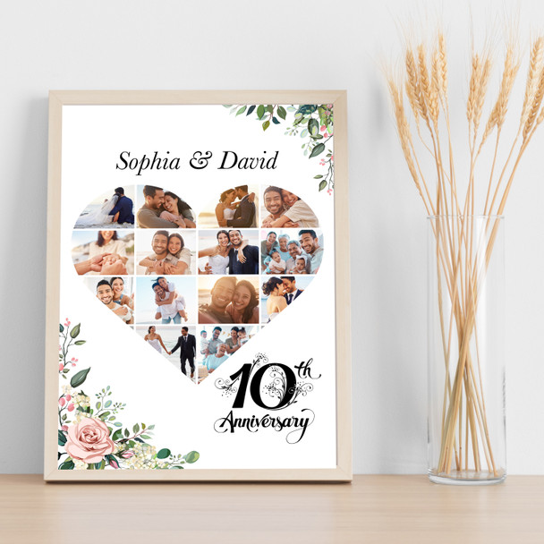 Photo Collage 10th Wedding Anniversary Gift 14-Photo Pink Floral Print Or Canvas