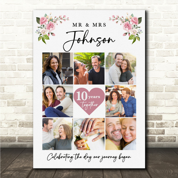Photo Collage Wedding Anniversary Gift 8-Photo Pink Floral Heart Print Or Canvas