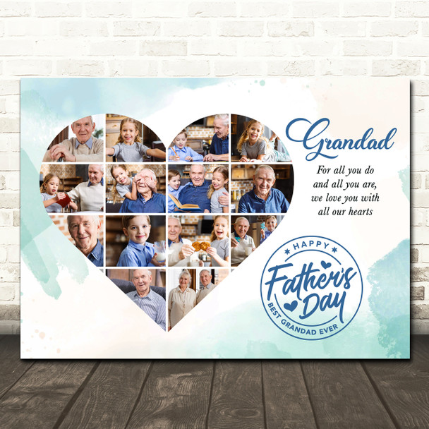 Photo Collage Gift For Grandad Father's Day 14-Photo Heart Blue Print Or Canvas