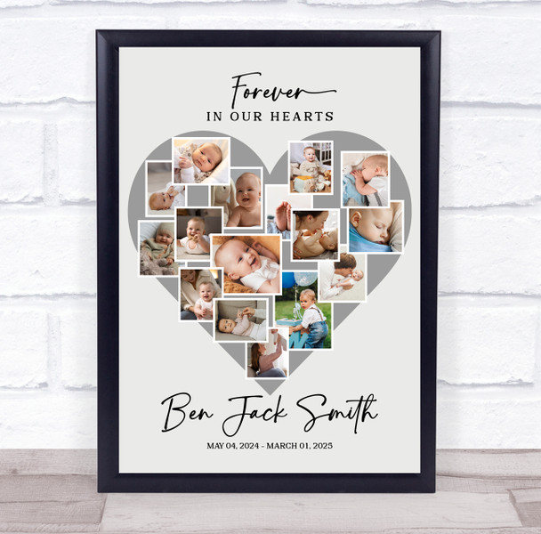 Photo Collage Kids Memorial Gift For Anyone 16-Photo Grey Heart Print Or Canvas