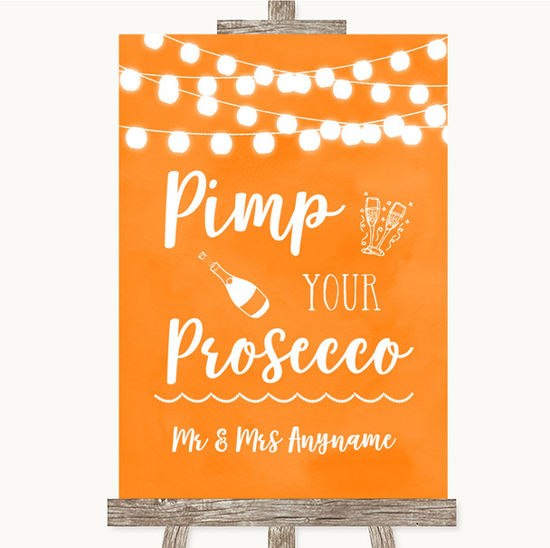 Orange Watercolour Lights Pimp Your Prosecco Personalised Wedding Sign
