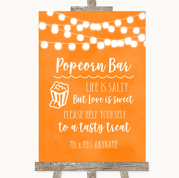 Orange Watercolour Lights Popcorn Bar Personalised Wedding Sign