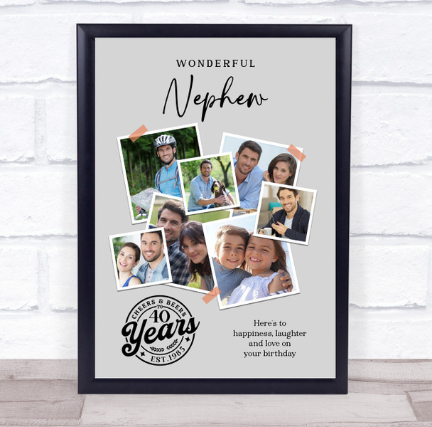 Photo Collage 40th Birthday Custom Gift For Nephew 7-Photo Grey Print Or Canvas