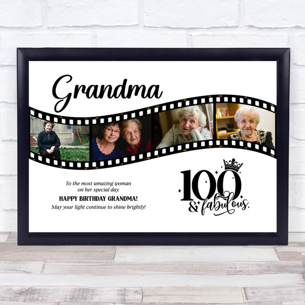 Photo Collage 100th Birthday Gift For Grandma 4-Photo Film Reel Print Or Canvas