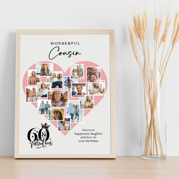 Photo Collage 60th Birthday Gift For Cousin 16-Photo Pink Heart Print Or Canvas