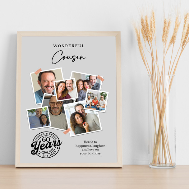 Photo Collage 60th Birthday Custom Gift For Cousin 7-Photo Grey Print Or Canvas