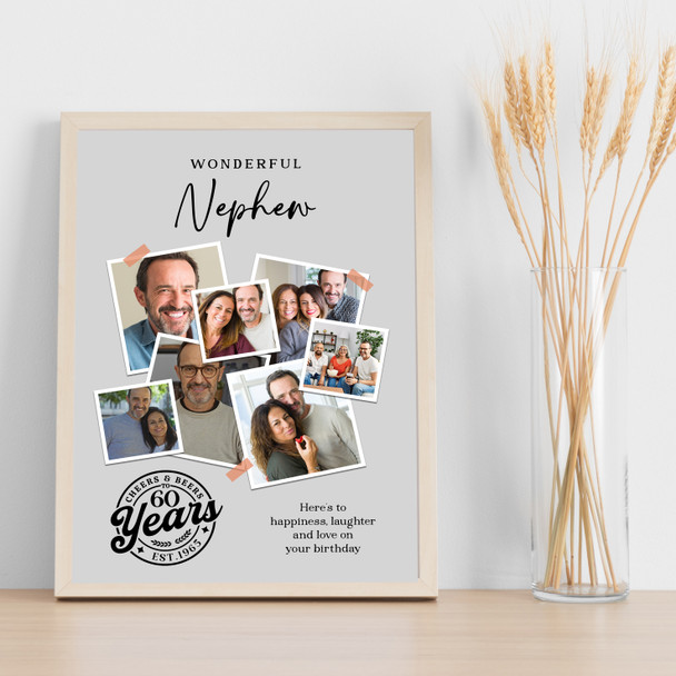 Photo Collage 60th Birthday Custom Gift For Nephew 7-Photo Grey Print Or Canvas