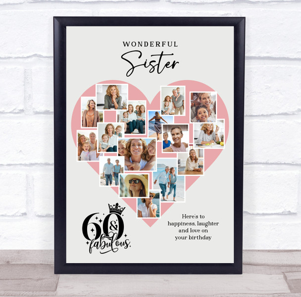 Photo Collage 60th Birthday Gift For Sister 16-Photo Pink Heart Print Or Canvas