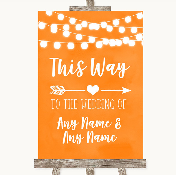 Orange Watercolour Lights This Way Arrow Right Personalised Wedding Sign