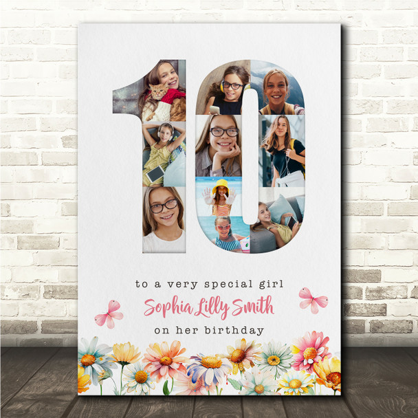 Photo Collage 10-Photo 10th Birthday Gift For Kids Girls Floral Print Or Canvas