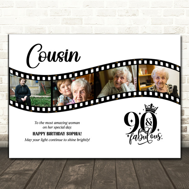 Photo Collage 90th Birthday Gift For Cousin 4-Photo Film Female Print Or Canvas