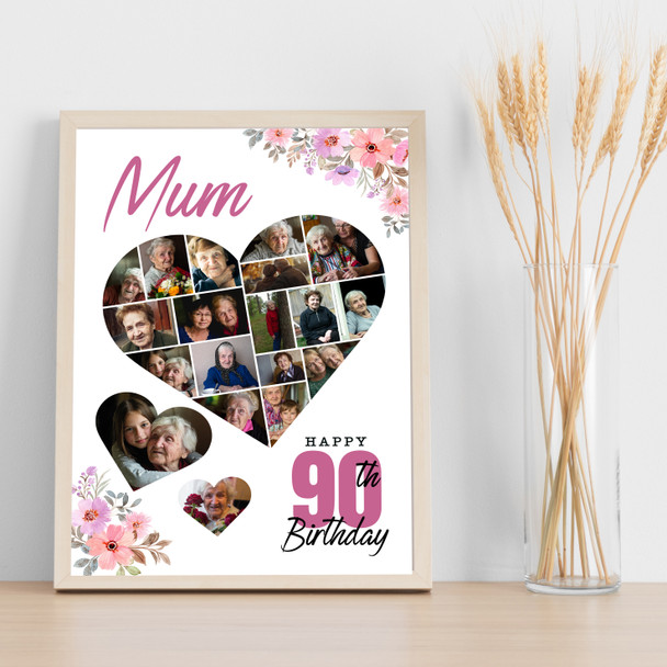 Photo Collage 90th Birthday Custom Gift For Mum 19-Photo Floral Print Or Canvas