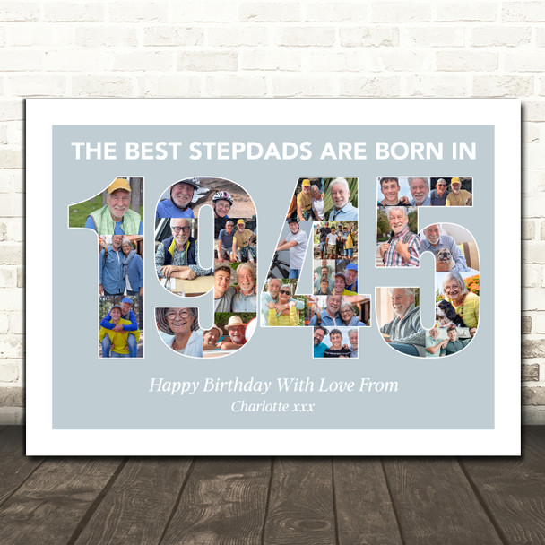 Photo Collage Blue Birthday Gift For Stepdad 25-Photo Year 1945 Print Or Canvas