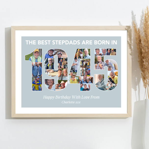 Photo Collage Blue Birthday Gift For Stepdad 25-Photo Year 1945 Print Or Canvas