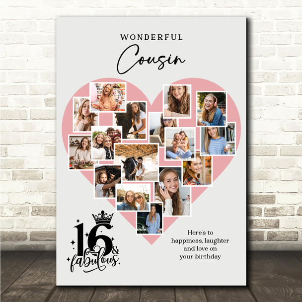 Photo Collage 16th Birthday Gift For Cousin 16-Photo Pink Heart Print Or Canvas Photo Collage 16th Birthday Gift For Cousin 16-Photo Pink Heart Print Or Canvas