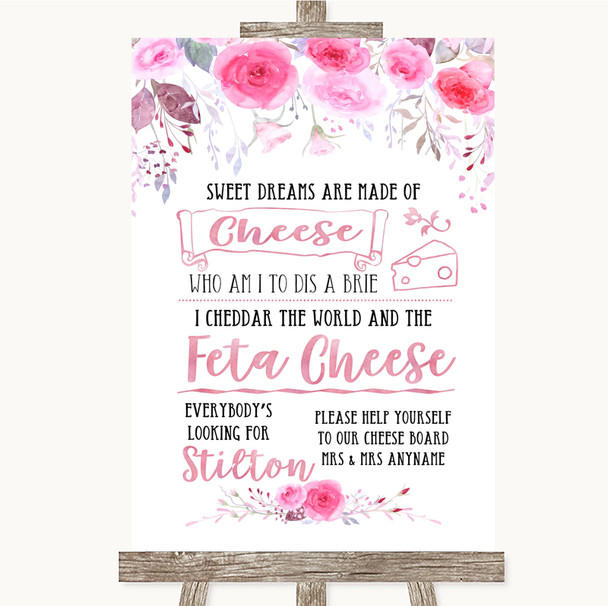 Pink Watercolour Floral Cheeseboard Cheese Song Personalised Wedding Sign