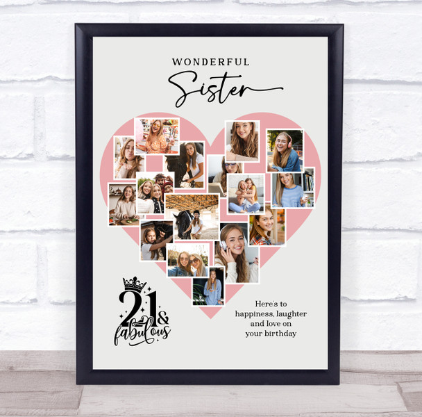 Photo Collage 21st Birthday Gift For Sister 16-Photo Pink Heart Print Or Canvas