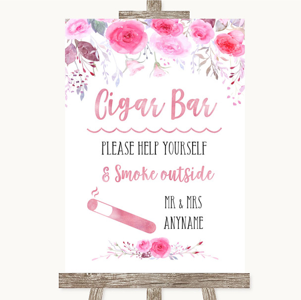 Pink Watercolour Floral Cigar Bar Personalised Wedding Sign