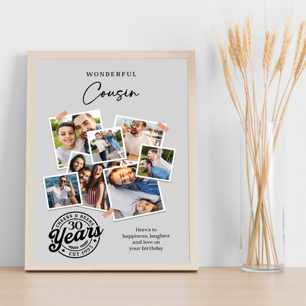 Photo Collage 30th Birthday Custom Gift For Cousin 7-Photo Grey Print Or Canvas
