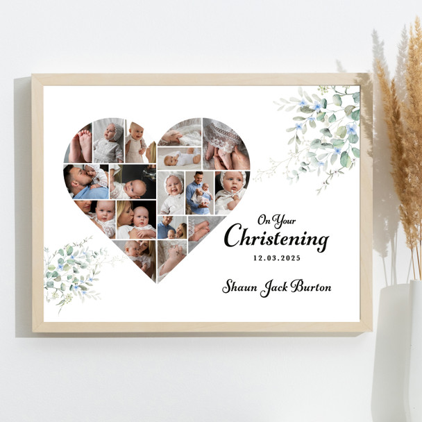 Photo Collage Christening Custom Gift 17-Photo Heart Eucalyptus Print Or Canvas