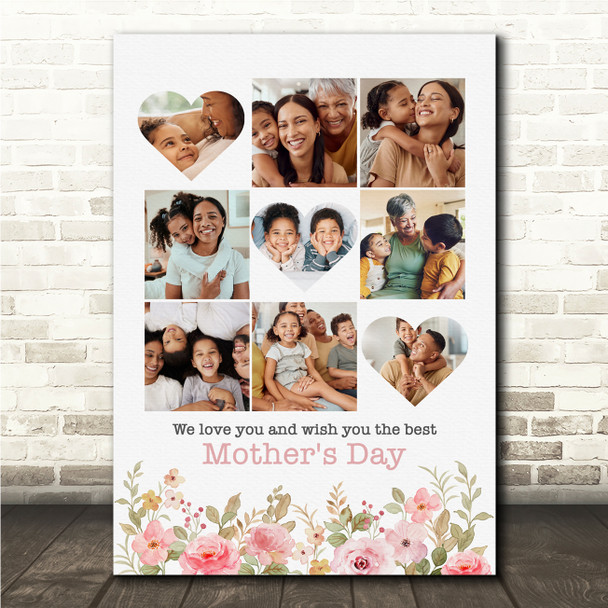 Photo Collage Mother's Day Gift For Anyone 9-Photo Pink Floral Print Canvas