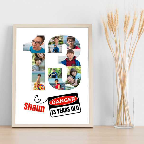 Photo Collage 10-Photo 13th Birthday Gift For Boys Danger Sign Print Canvas