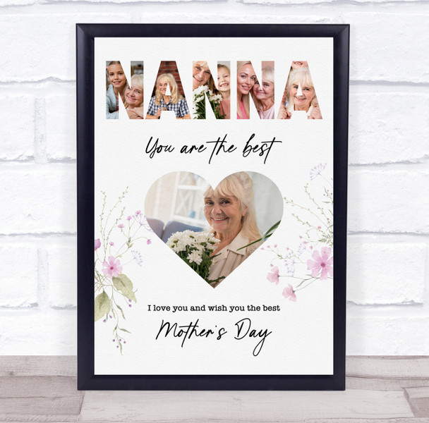 Photo Collage Gift For Nanna Mother's Day 4-Photo Heart Floral Print Or Canvas