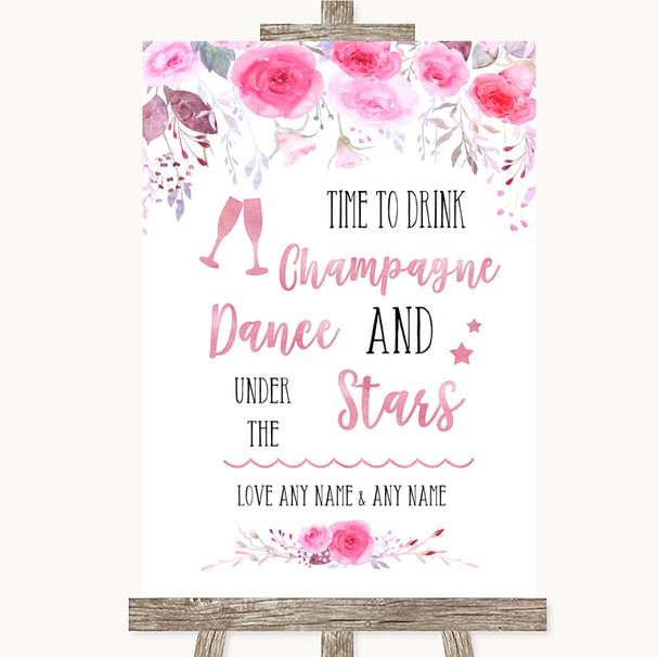 Pink Watercolour Floral Drink Champagne Dance Stars Personalised Wedding Sign