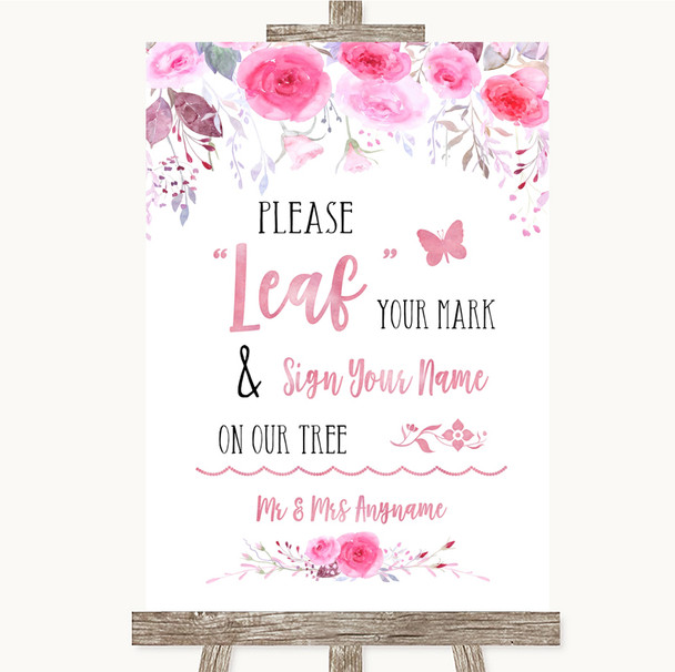 Pink Watercolour Floral Fingerprint Tree Instructions Personalised Wedding Sign
