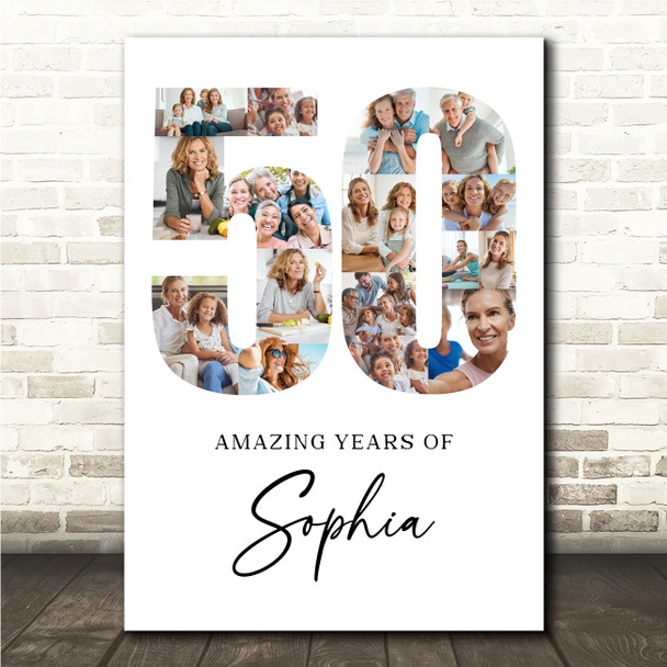 Photo Collage 50th Birthday Gift For Her 17-Photo Age 50 White Print Or Canvas