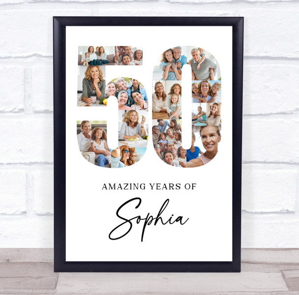 Photo Collage 50th Birthday Gift For Her 17-Photo Age 50 White Print Or Canvas