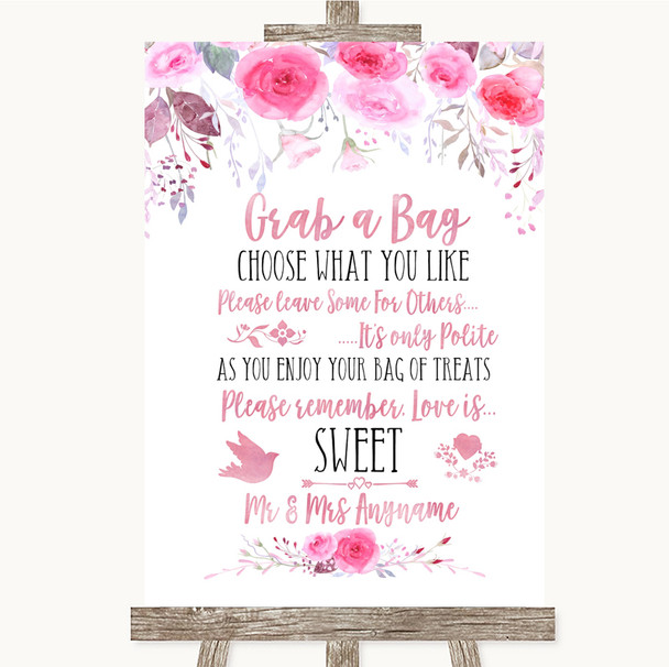 Pink Watercolour Floral Grab A Bag Candy Buffet Cart Sweets Wedding Sign