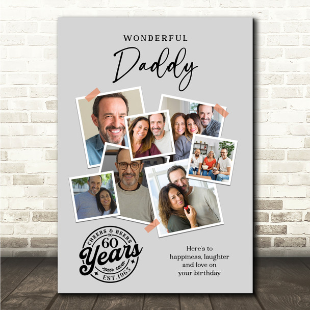 Photo Collage 60th Birthday Custom Gift For Daddy 7-Photo Grey Print Or Canvas