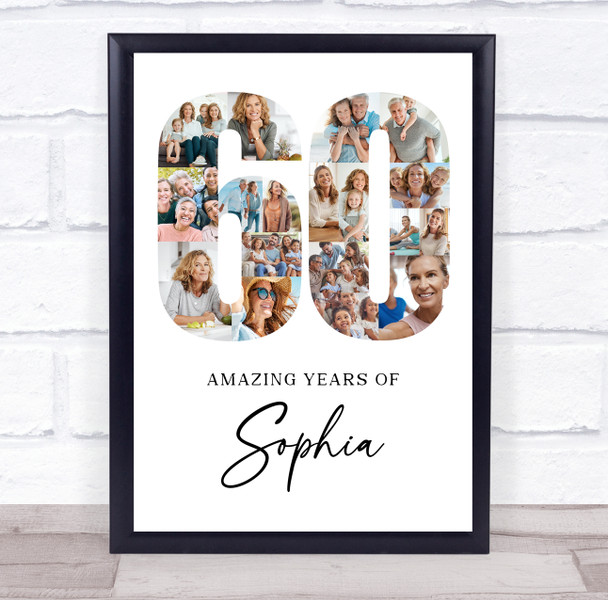 Photo Collage 60th Birthday Gift For Her 18-Photo Age 60 White Print Or Canvas Photo Collage 60th Birthday Gift For Her 18-Photo Age 60 White Print Or Canvas
