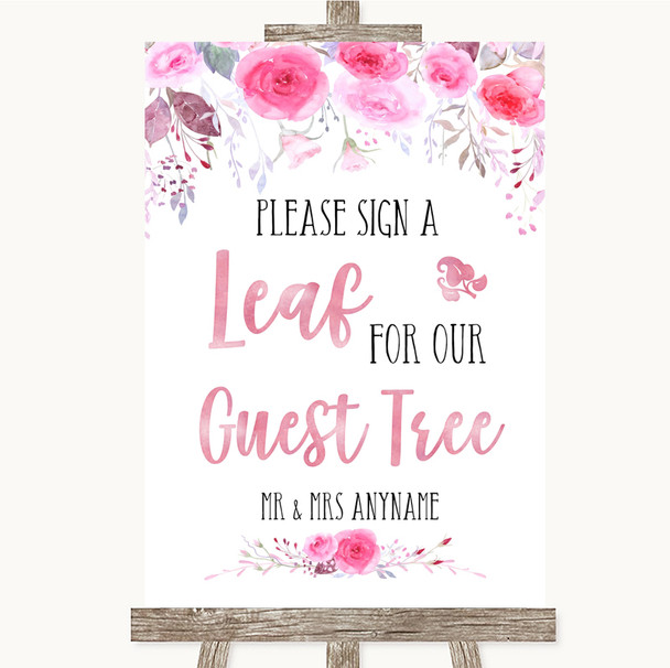 Pink Watercolour Floral Guest Tree Leaf Personalised Wedding Sign