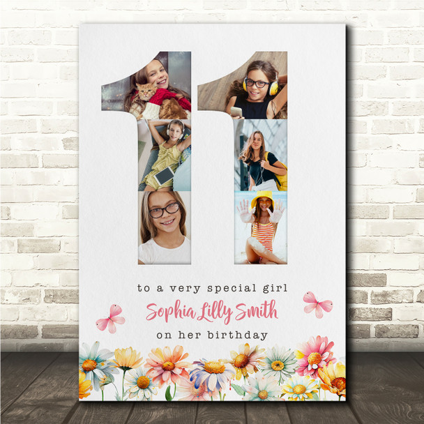 Photo Collage 6-Photo 11th Birthday Gift For Kids Girls Floral Print Or Canvas
