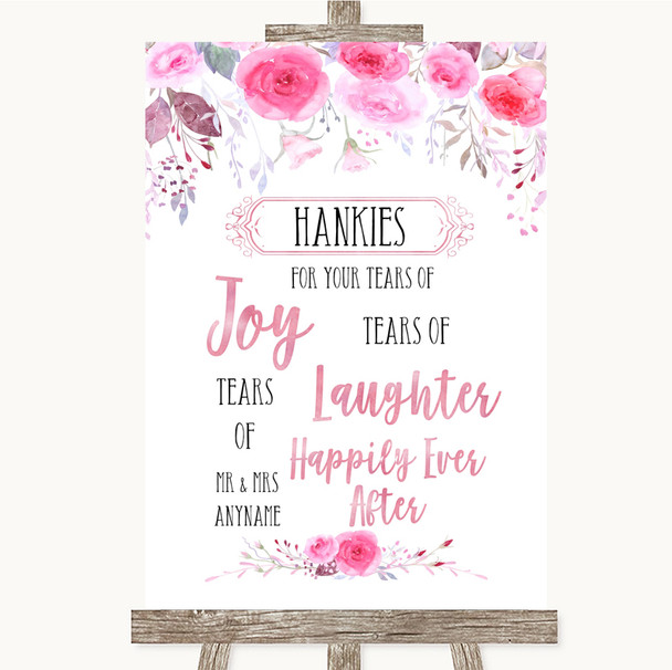 Pink Watercolour Floral Hankies And Tissues Personalised Wedding Sign